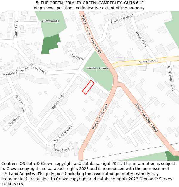 5, THE GREEN, FRIMLEY GREEN, CAMBERLEY, GU16 6HF: Location map and indicative extent of plot
