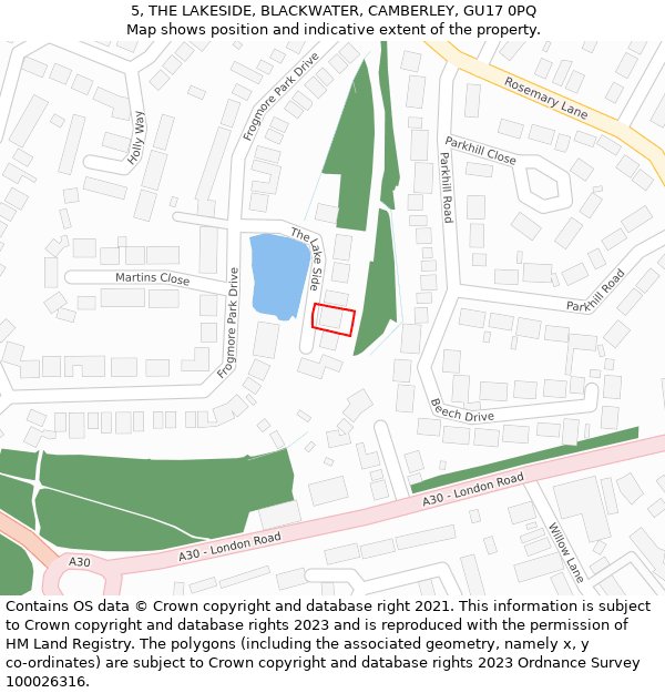 5, THE LAKESIDE, BLACKWATER, CAMBERLEY, GU17 0PQ: Location map and indicative extent of plot