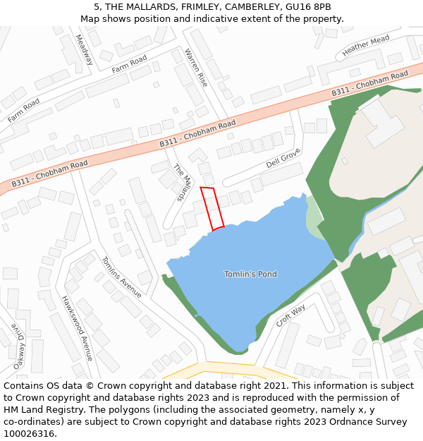 5, THE MALLARDS, FRIMLEY, CAMBERLEY, GU16 8PB: Location map and indicative extent of plot