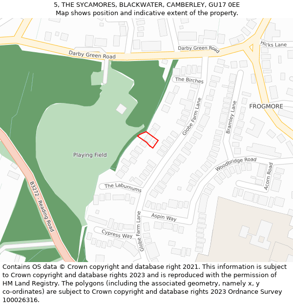 5, THE SYCAMORES, BLACKWATER, CAMBERLEY, GU17 0EE: Location map and indicative extent of plot