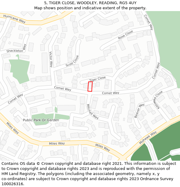 5, TIGER CLOSE, WOODLEY, READING, RG5 4UY: Location map and indicative extent of plot