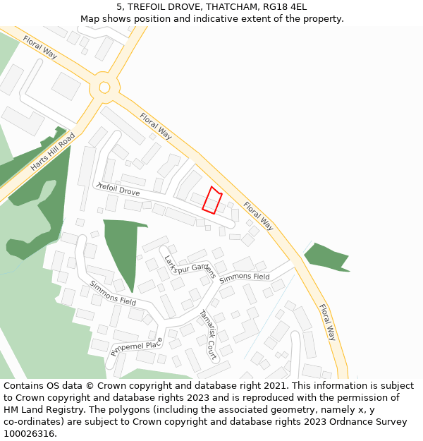 5, TREFOIL DROVE, THATCHAM, RG18 4EL: Location map and indicative extent of plot