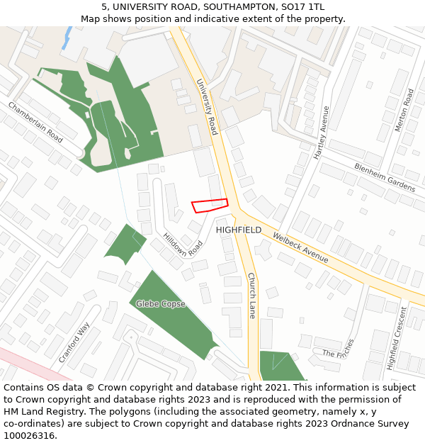 5, UNIVERSITY ROAD, SOUTHAMPTON, SO17 1TL: Location map and indicative extent of plot