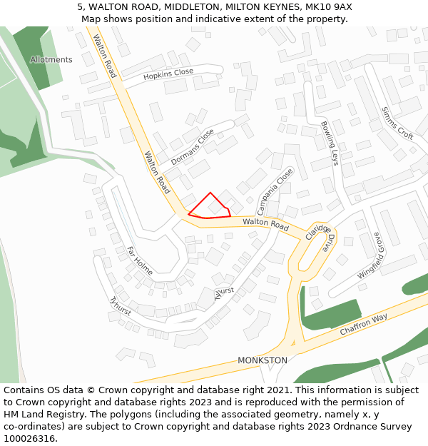 5, WALTON ROAD, MIDDLETON, MILTON KEYNES, MK10 9AX: Location map and indicative extent of plot