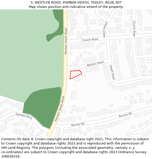 5, WESTLYN ROAD, PAMBER HEATH, TADLEY, RG26 3DT: Location map and indicative extent of plot