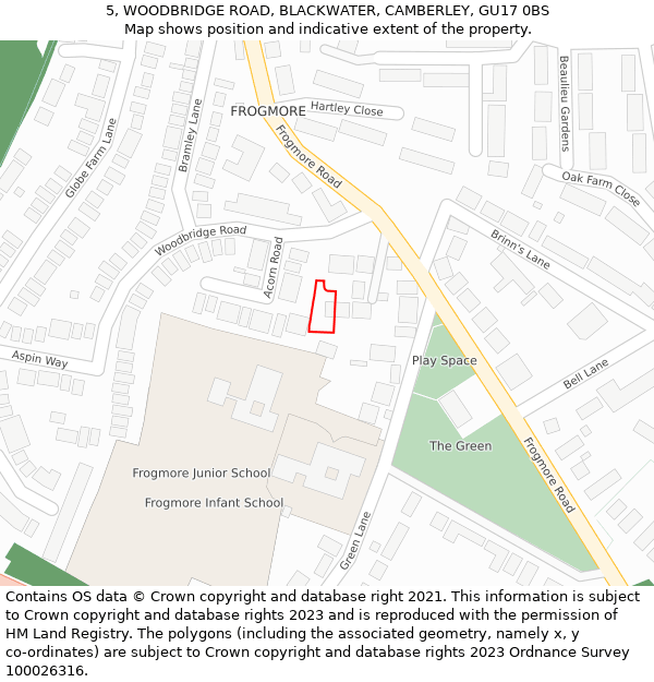 5, WOODBRIDGE ROAD, BLACKWATER, CAMBERLEY, GU17 0BS: Location map and indicative extent of plot