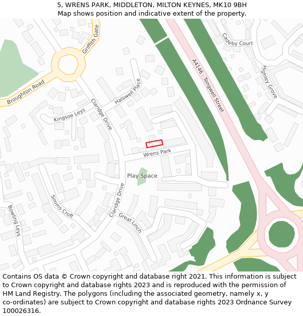 5, WRENS PARK, MIDDLETON, MILTON KEYNES, MK10 9BH: Location map and indicative extent of plot