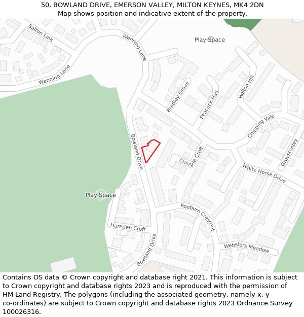 50, BOWLAND DRIVE, EMERSON VALLEY, MILTON KEYNES, MK4 2DN: Location map and indicative extent of plot