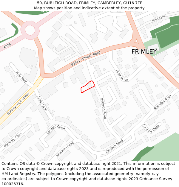 50, BURLEIGH ROAD, FRIMLEY, CAMBERLEY, GU16 7EB: Location map and indicative extent of plot