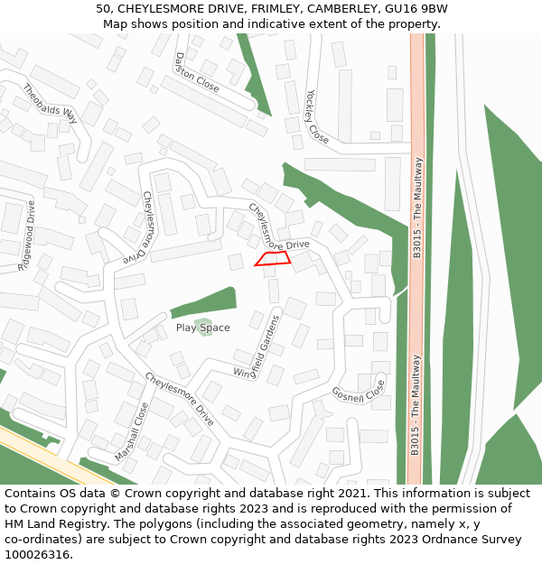 50, CHEYLESMORE DRIVE, FRIMLEY, CAMBERLEY, GU16 9BW: Location map and indicative extent of plot