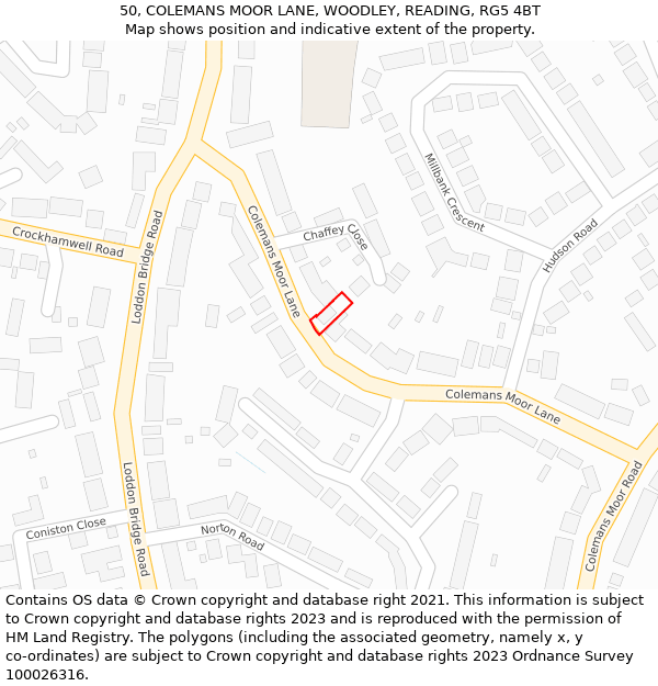 50, COLEMANS MOOR LANE, WOODLEY, READING, RG5 4BT: Location map and indicative extent of plot