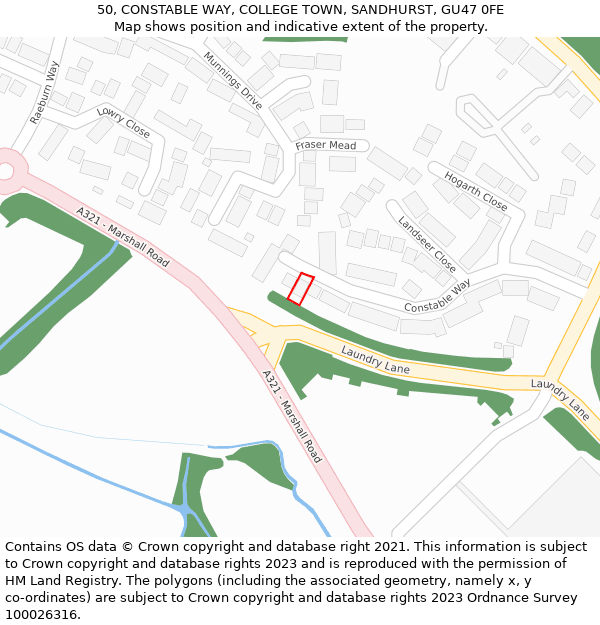 50, CONSTABLE WAY, COLLEGE TOWN, SANDHURST, GU47 0FE: Location map and indicative extent of plot
