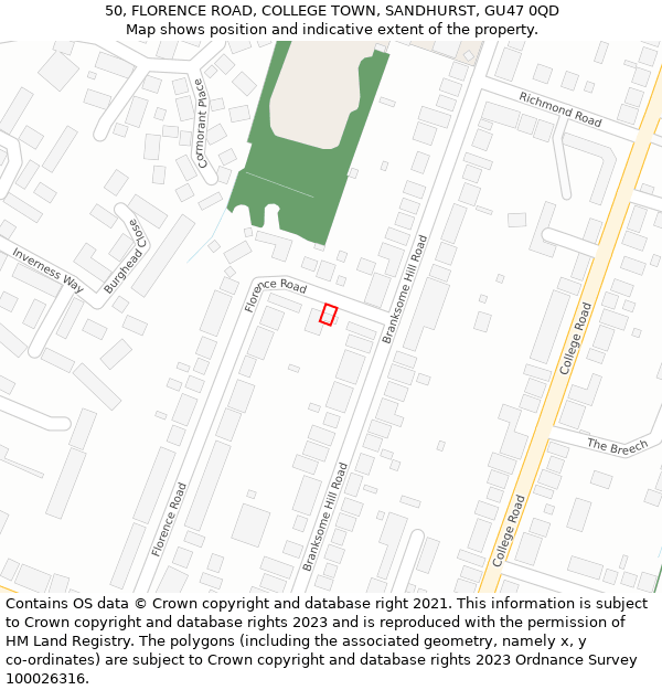 50, FLORENCE ROAD, COLLEGE TOWN, SANDHURST, GU47 0QD: Location map and indicative extent of plot