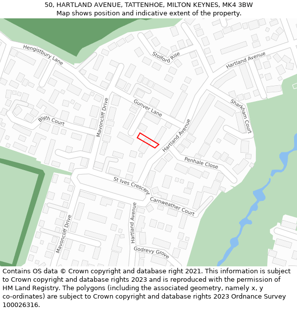 50, HARTLAND AVENUE, TATTENHOE, MILTON KEYNES, MK4 3BW: Location map and indicative extent of plot