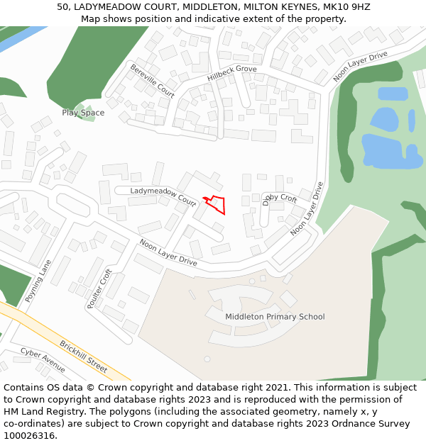 50, LADYMEADOW COURT, MIDDLETON, MILTON KEYNES, MK10 9HZ: Location map and indicative extent of plot