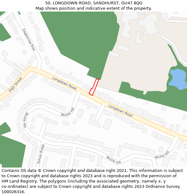 50, LONGDOWN ROAD, SANDHURST, GU47 8QG: Location map and indicative extent of plot