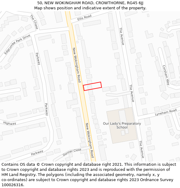 50, NEW WOKINGHAM ROAD, CROWTHORNE, RG45 6JJ: Location map and indicative extent of plot