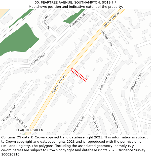 50, PEARTREE AVENUE, SOUTHAMPTON, SO19 7JP: Location map and indicative extent of plot