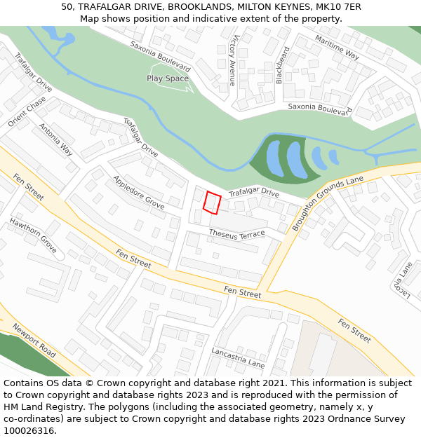 50, TRAFALGAR DRIVE, BROOKLANDS, MILTON KEYNES, MK10 7ER: Location map and indicative extent of plot