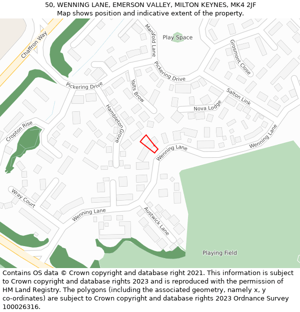 50, WENNING LANE, EMERSON VALLEY, MILTON KEYNES, MK4 2JF: Location map and indicative extent of plot