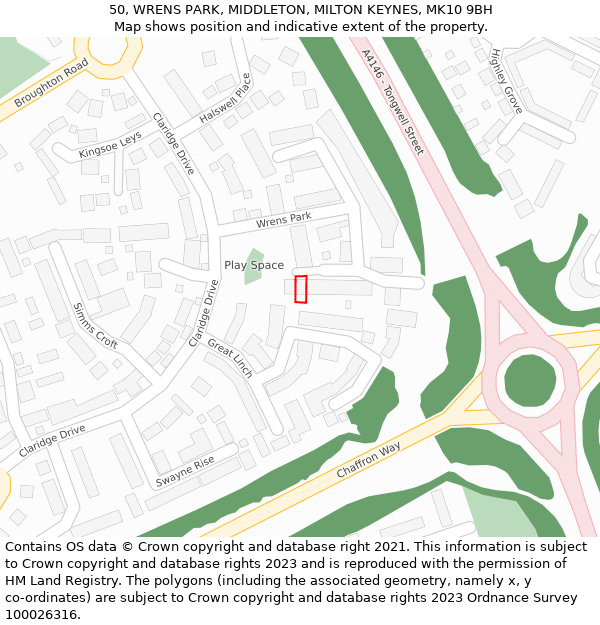 50, WRENS PARK, MIDDLETON, MILTON KEYNES, MK10 9BH: Location map and indicative extent of plot