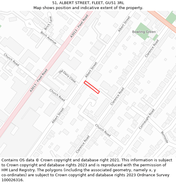 51, ALBERT STREET, FLEET, GU51 3RL: Location map and indicative extent of plot