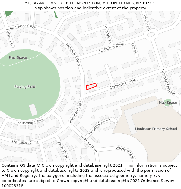 51, BLANCHLAND CIRCLE, MONKSTON, MILTON KEYNES, MK10 9DG: Location map and indicative extent of plot