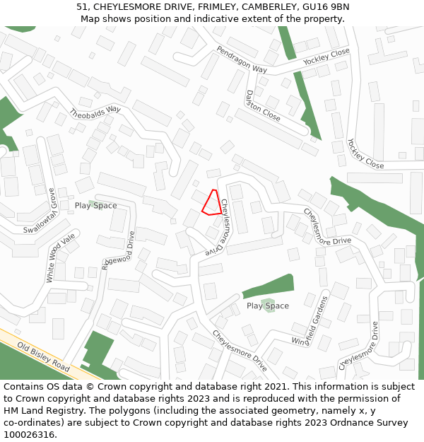 51, CHEYLESMORE DRIVE, FRIMLEY, CAMBERLEY, GU16 9BN: Location map and indicative extent of plot