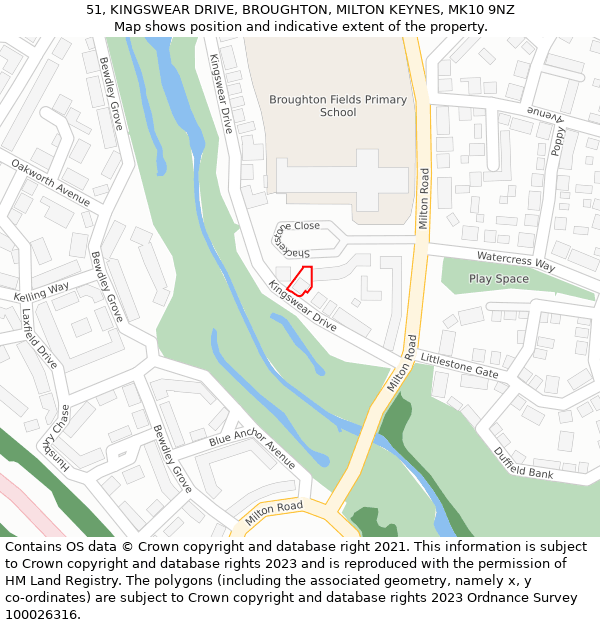 51, KINGSWEAR DRIVE, BROUGHTON, MILTON KEYNES, MK10 9NZ: Location map and indicative extent of plot