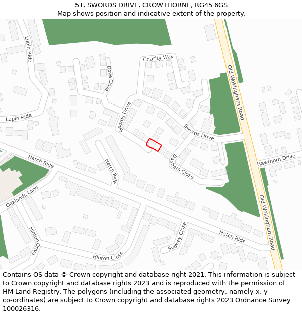 51, SWORDS DRIVE, CROWTHORNE, RG45 6GS: Location map and indicative extent of plot