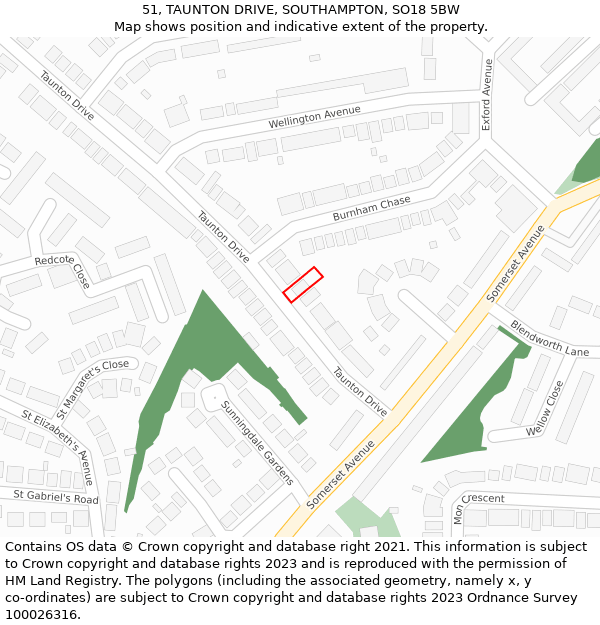 51, TAUNTON DRIVE, SOUTHAMPTON, SO18 5BW: Location map and indicative extent of plot