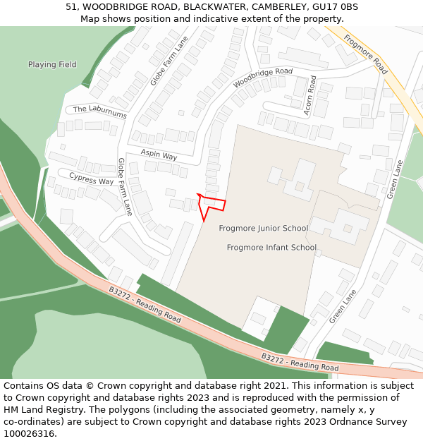 51, WOODBRIDGE ROAD, BLACKWATER, CAMBERLEY, GU17 0BS: Location map and indicative extent of plot
