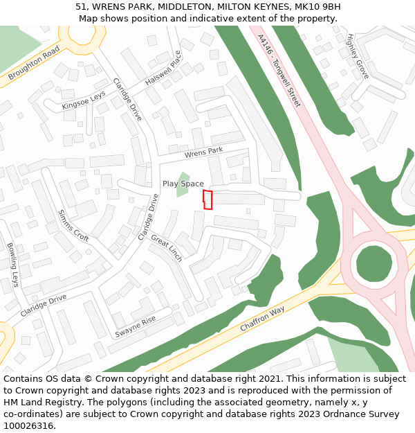 51, WRENS PARK, MIDDLETON, MILTON KEYNES, MK10 9BH: Location map and indicative extent of plot
