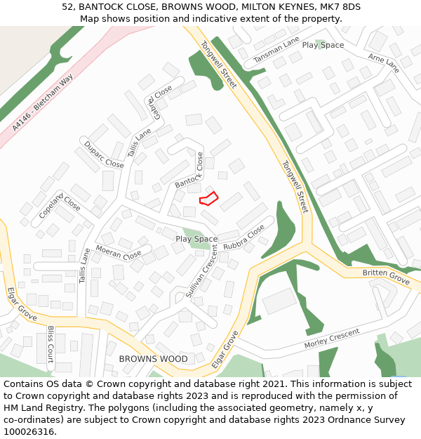 52, BANTOCK CLOSE, BROWNS WOOD, MILTON KEYNES, MK7 8DS: Location map and indicative extent of plot