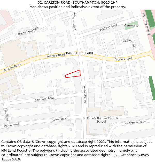 52, CARLTON ROAD, SOUTHAMPTON, SO15 2HP: Location map and indicative extent of plot