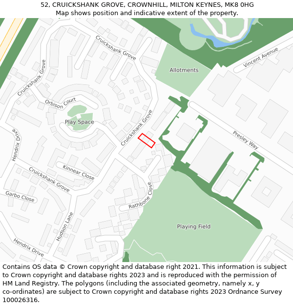 52, CRUICKSHANK GROVE, CROWNHILL, MILTON KEYNES, MK8 0HG: Location map and indicative extent of plot