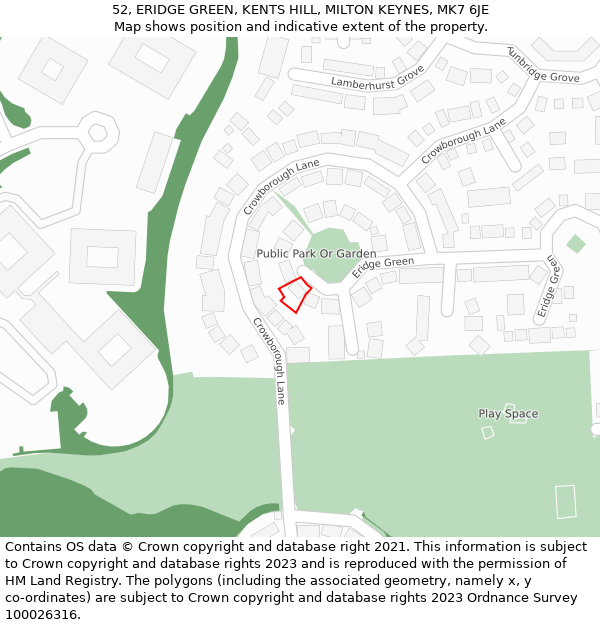 52, ERIDGE GREEN, KENTS HILL, MILTON KEYNES, MK7 6JE: Location map and indicative extent of plot