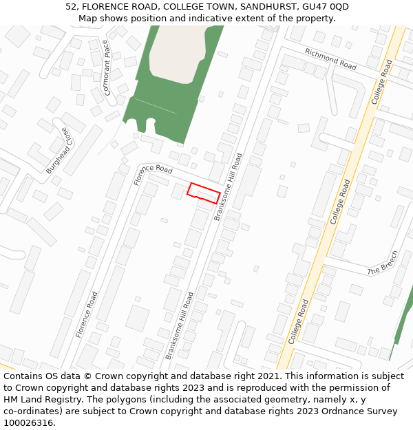 52, FLORENCE ROAD, COLLEGE TOWN, SANDHURST, GU47 0QD: Location map and indicative extent of plot