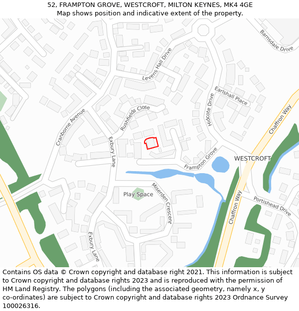 52, FRAMPTON GROVE, WESTCROFT, MILTON KEYNES, MK4 4GE: Location map and indicative extent of plot