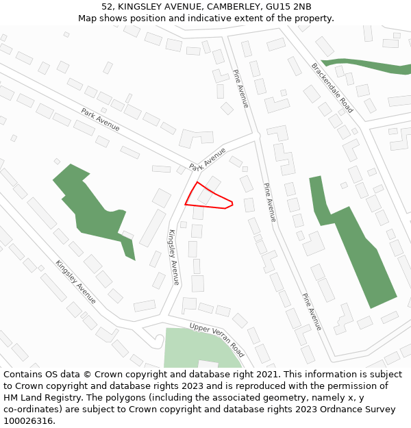 52, KINGSLEY AVENUE, CAMBERLEY, GU15 2NB: Location map and indicative extent of plot