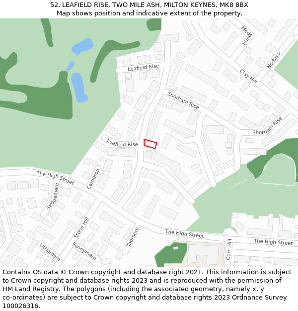 52, LEAFIELD RISE, TWO MILE ASH, MILTON KEYNES, MK8 8BX: Location map and indicative extent of plot