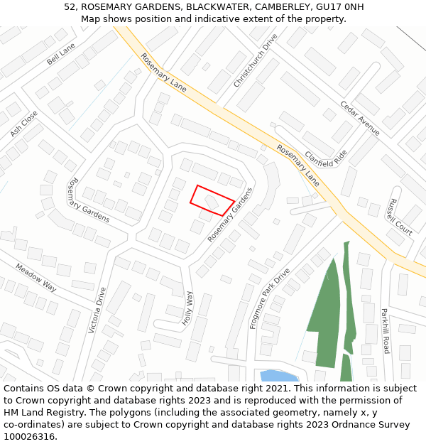 52, ROSEMARY GARDENS, BLACKWATER, CAMBERLEY, GU17 0NH: Location map and indicative extent of plot