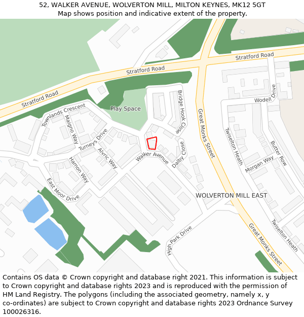 52, WALKER AVENUE, WOLVERTON MILL, MILTON KEYNES, MK12 5GT: Location map and indicative extent of plot