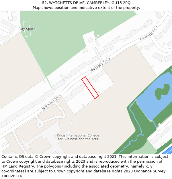 52, WATCHETTS DRIVE, CAMBERLEY, GU15 2PQ: Location map and indicative extent of plot