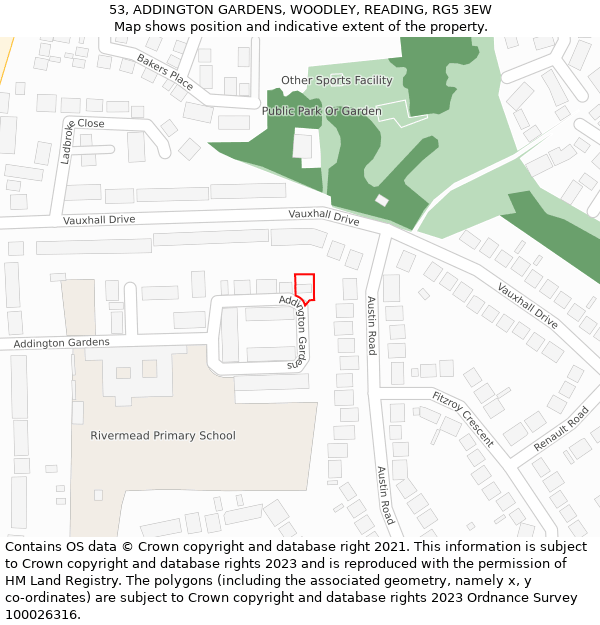 53, ADDINGTON GARDENS, WOODLEY, READING, RG5 3EW: Location map and indicative extent of plot