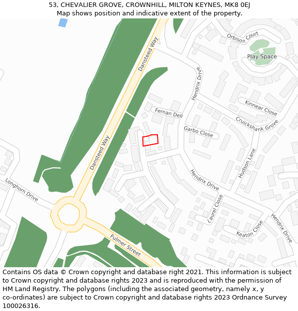 53, CHEVALIER GROVE, CROWNHILL, MILTON KEYNES, MK8 0EJ: Location map and indicative extent of plot