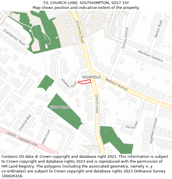 53, CHURCH LANE, SOUTHAMPTON, SO17 1SY: Location map and indicative extent of plot