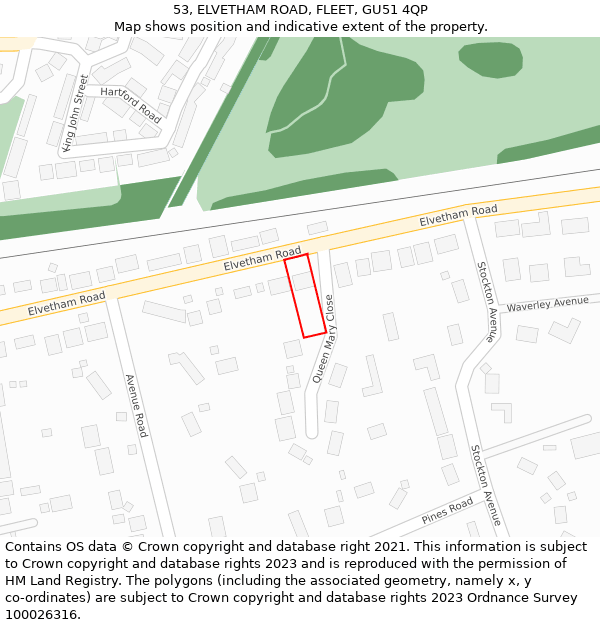 53, ELVETHAM ROAD, FLEET, GU51 4QP: Location map and indicative extent of plot