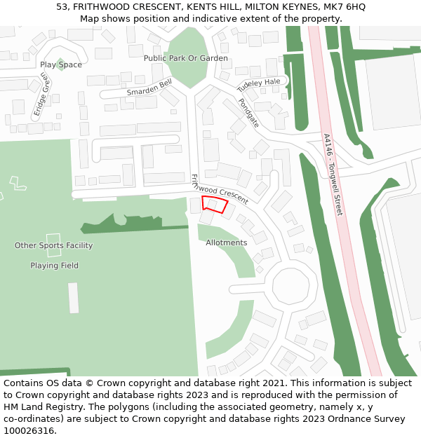 53, FRITHWOOD CRESCENT, KENTS HILL, MILTON KEYNES, MK7 6HQ: Location map and indicative extent of plot