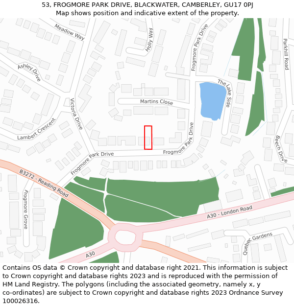 53, FROGMORE PARK DRIVE, BLACKWATER, CAMBERLEY, GU17 0PJ: Location map and indicative extent of plot